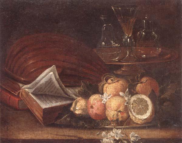 unknow artist Still life of a lute,books,apples and lemons,together with a gilt tazza with a wine glass and decanters,all upon a stone ledge